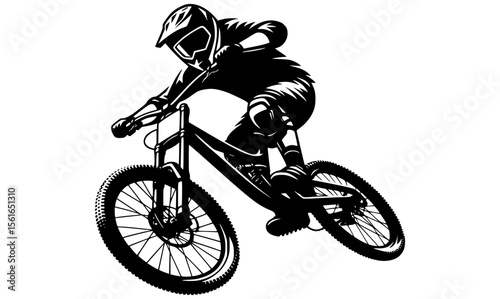 A black and white illustration of a downhill mountain biker in mid-air jump
