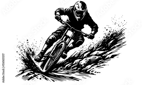 Black and white sketch of a downhill biker riding over rocks and terrain