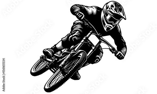 Detailed black and white illustration of a downhill bike and rider in motion