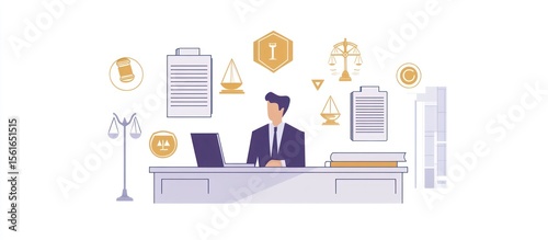Lawyer at desk with legal documents and symbols.