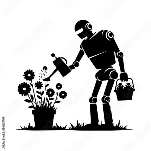 simple silhouette of A robot helping plant flowers