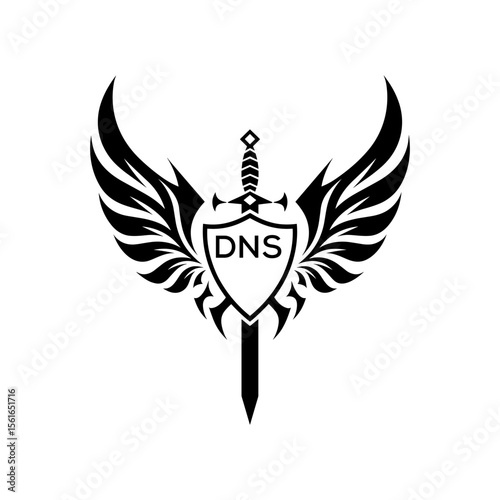 DNS "Warrior Shield and Sword Emblem with Wings Logo," DNS Later Logo, "Black Tribal Winged Sword Crest Vector," "Heraldic Emblem with Wings, Sword, and Shield,"

