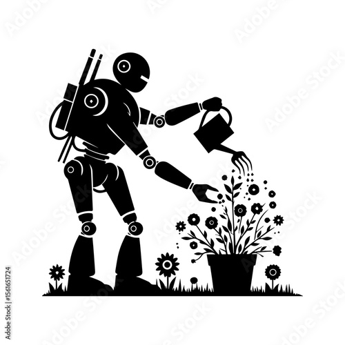 simple silhouette of A robot helping plant flowers
