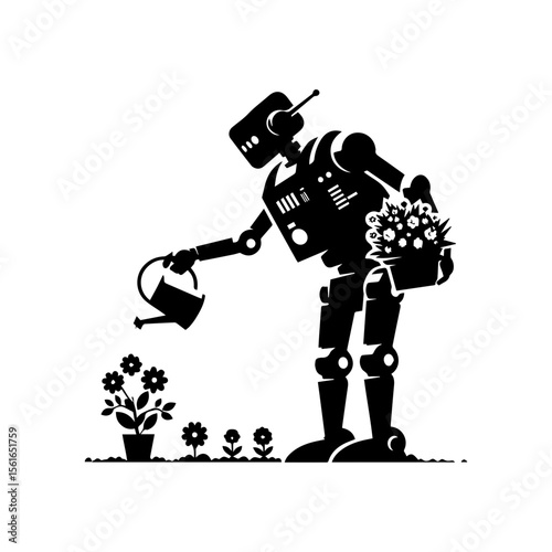 simple silhouette of A robot helping plant flowers