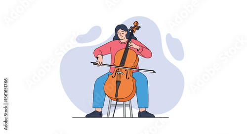 Illustration of a Person Playing the Cello with a Bow Sitting on a Stool with a Colorful Blob Behind Them