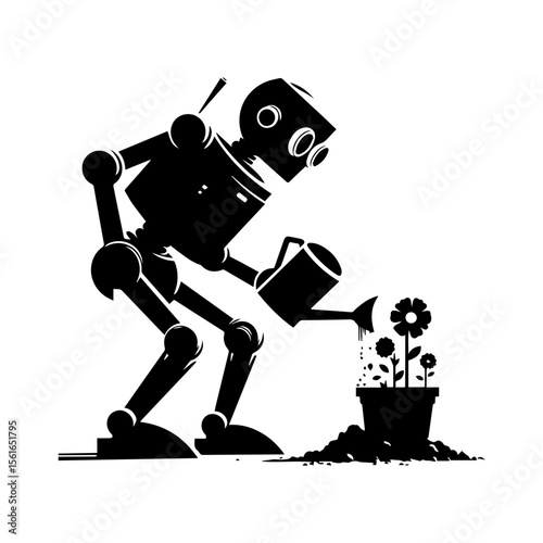 simple silhouette of A robot helping plant flowers