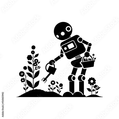 simple silhouette of A robot helping plant flowers