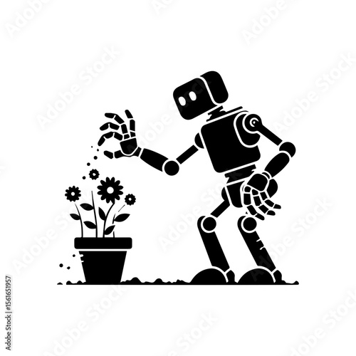 simple silhouette of A robot helping plant flowers