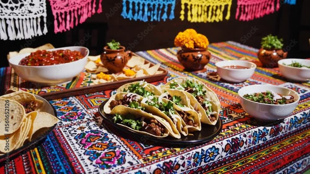 Mexican food celebration table, Colorful table setting with tacos, tortillas, salsa, and traditional dishes decorated for a festive celebration with papel picado and marigolds. Concept: Mexican cuisi