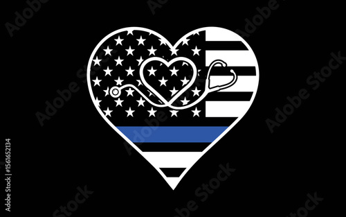 American Flag Heart with Police Thin Blue Line Nurse RN t-shirt quotes svg design
