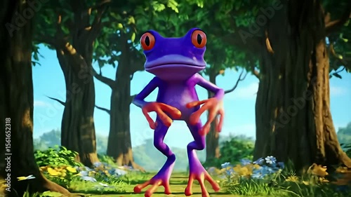 Cartoon frog leaping joyfully through a bright green forest scene with large trees
