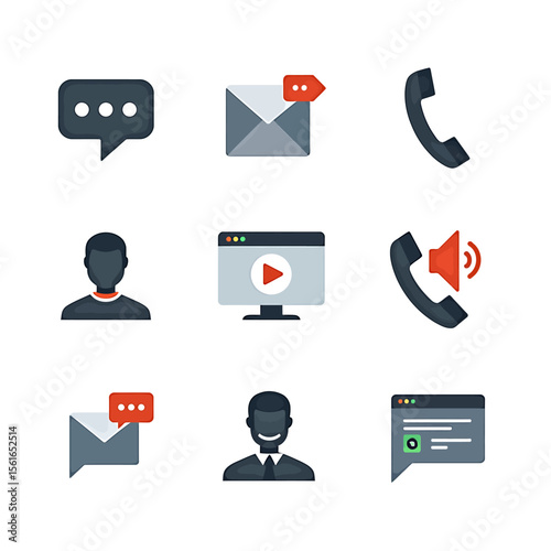 Collection of nine modern flat design icons representing communication methods such as messaging, email, phone calls, video, and user profiles, ideal for websites and applications.
