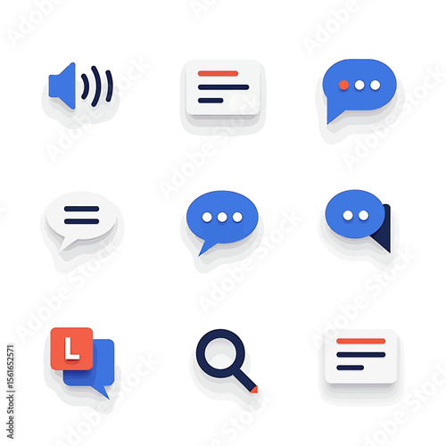 Collection of nine modern flat design icons representing communication, search, and messaging, ideal for websites and applications, featuring a blue and white color scheme with subtle shadow effects.