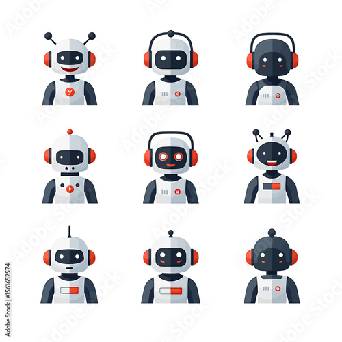 Collection of nine unique robot avatars, each with distinct features and expressions, ideal for websites, apps, and digital projects needing friendly, futuristic characters.