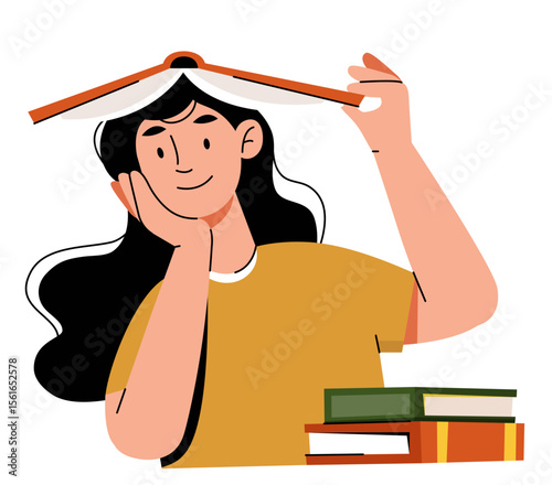 Young woman resting her head on her hand while holding an open book above her head. Illustration symbolizes studying, reading, relaxation, and a playful approach to learning.
