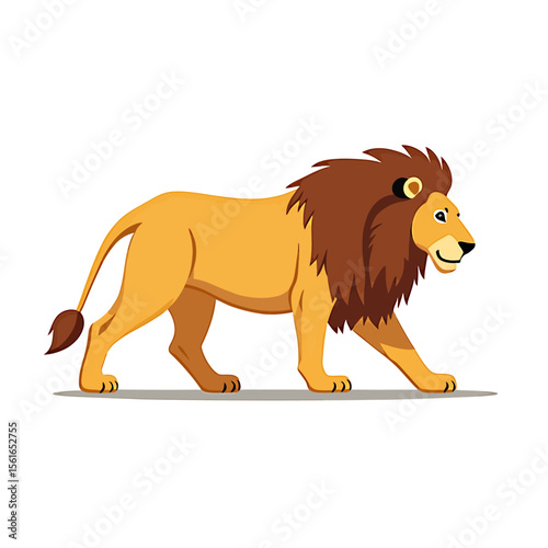 A majestic male lion with a brown mane walks gracefully to the right, showcasing its powerful presence against a clean white background, ideal for various design projects.