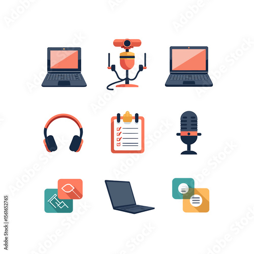 A set of nine colorful vector icons depicting modern technology for video conferencing, online communication, and remote work, perfect for presentations or websites.