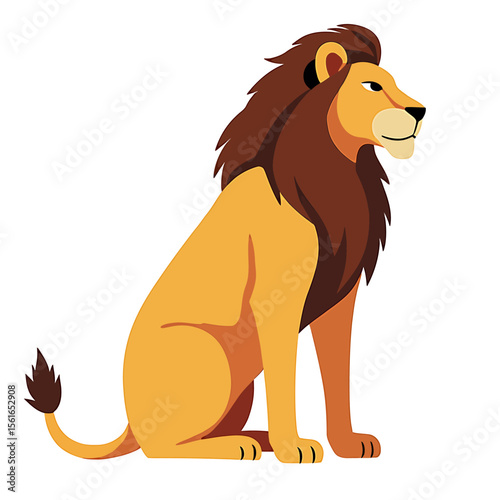Majestic African lion sitting in profile view, showcasing its powerful build and magnificent mane against a clean white background, ideal for logos, illustrations, and children's books.
