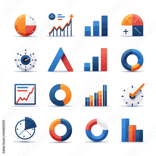 Collection of colorful charts and graphs icons representing growth, progress, and data analysis, perfect for presentations or reports on business, finance, and marketing topics.