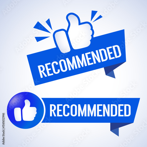 Recommended Badge Banner – Blue Thumbs Up Icon with Ribbon and Text for Approval, Like, and Promotion Vector Illustration