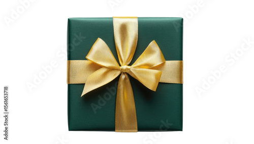 Green gift box with gold ribbon bow