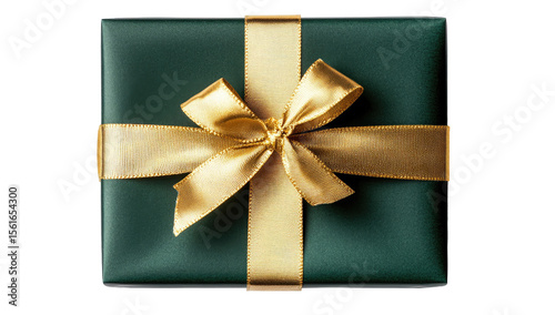 A dark green gift box, tied with gold ribbon