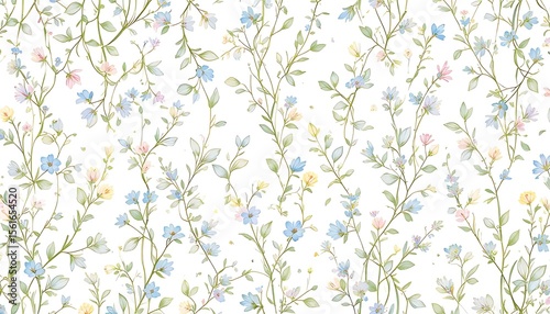 Seamless floral vine pattern with delicate leaves and colorful flowers on a soft grey background. Perfect for wallpaper, fabric, gift wrap, textile prints, and elegant surface design.
