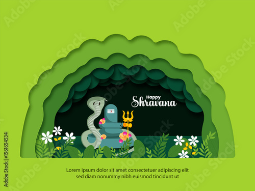 Happy Sawan Creative paper cut concept, Indian festival celebration background design with Lingam vector illustration.