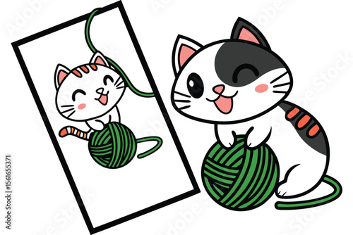 Adorable cartoon cat playfully batting at a colorful ball of yarn