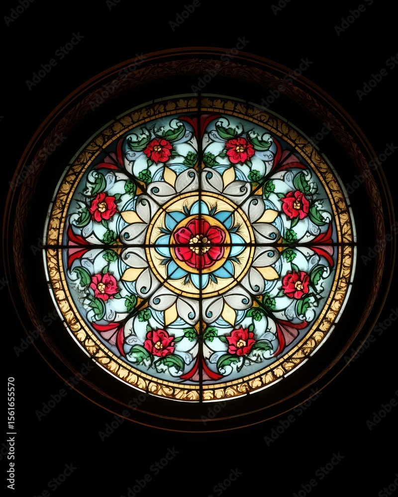 Obraz premium Ornate floral stained glass window design showcased with intricate patterns and vibrant hues