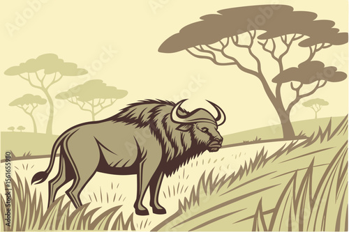  Majestic Wildebeest in African Savannah Landscape - Wildlife Illustration