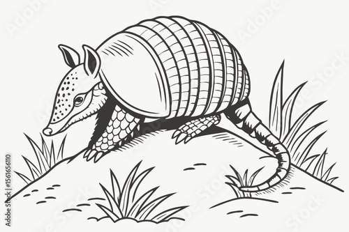 Armadillo on Hill Illustration - Black and White Wildlife Drawing