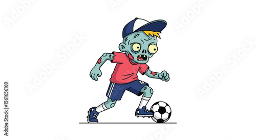A young zombie boy wearing a red t-shirt and blue shorts plays soccer with a ball in this pixel art illustration