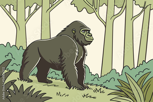 Majestic Gorilla in Forest Landscape - Primate Wildlife Illustration
