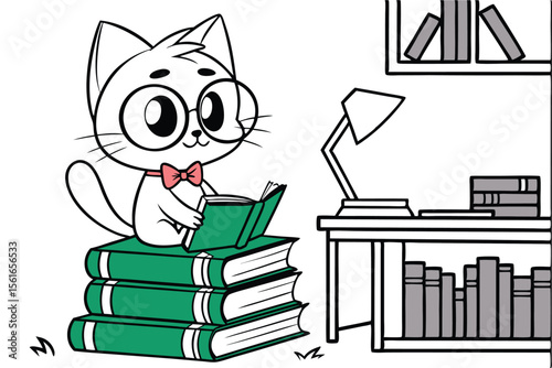 Adorable cartoon cat reading on a pile of books with a nerdy theme