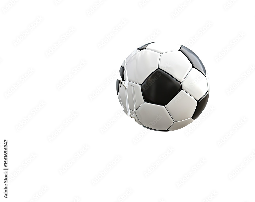 Naklejka premium Soccer ball, black and white panels, slightly off-center, against a black background
