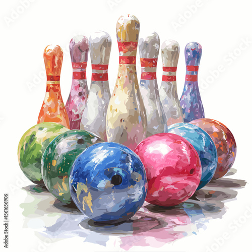 Colorful bowling pins and balls arranged in a playful scene  