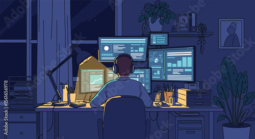 A lone programmer works late into the night on multiple computer screens in a dimly lit room filled with plants and personal touches creating a cozy atmosphere