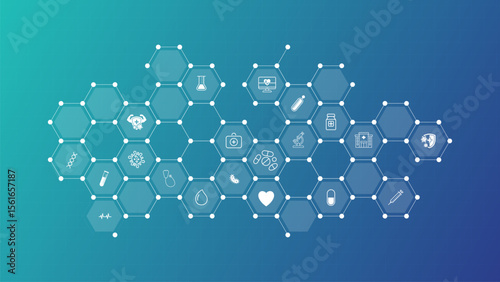 Medical background abstract with healthcare icon in hexagonal network pattern. Medical technology icons in blue hexagonal grid background