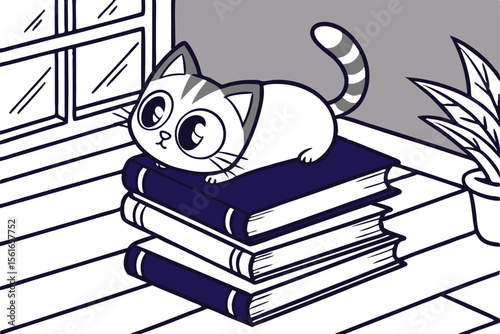 Adorable kitten sitting on a colorful stack of books perfect for children s themes