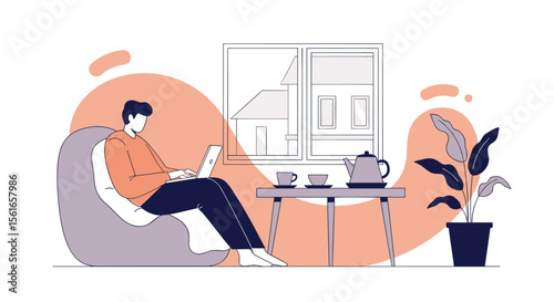 Man Relaxing on Beanbag Chair Reading Tablet by Window with Tea Set and Plant