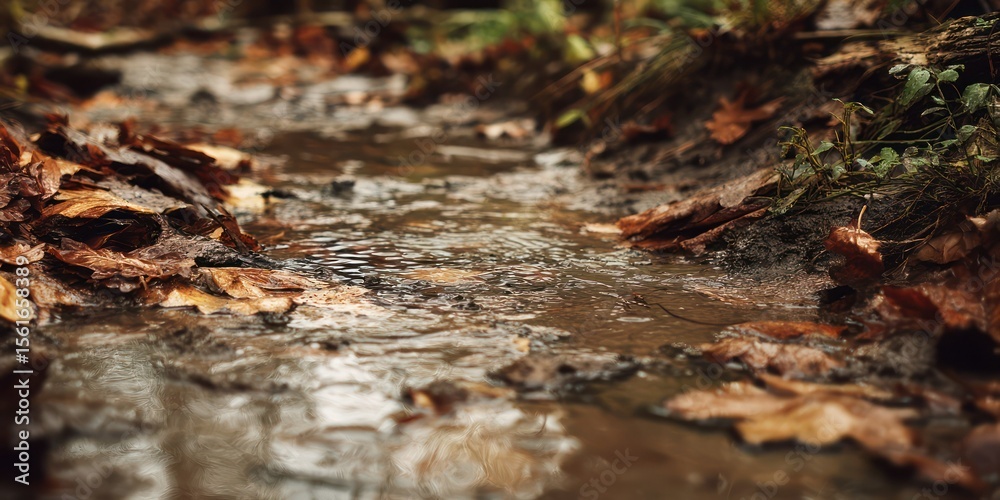 Fototapeta premium A tranquil stream winding through autumn leaves with reflections of nature's beauty