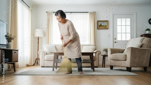 Elderly Woman Sweeping the Floor in a Bright, Cozy Living Room