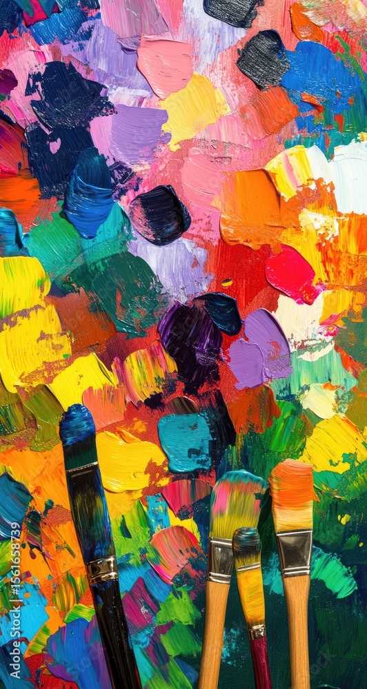 Naklejka premium Vibrant oil paint strokes on a palette, with paintbrushes