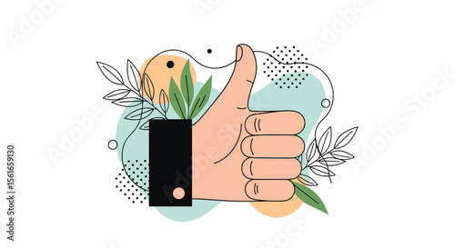 Positive Feedback Thumbs Up Gesture with Abstract Organic Shapes and Botanical Elements Illustration