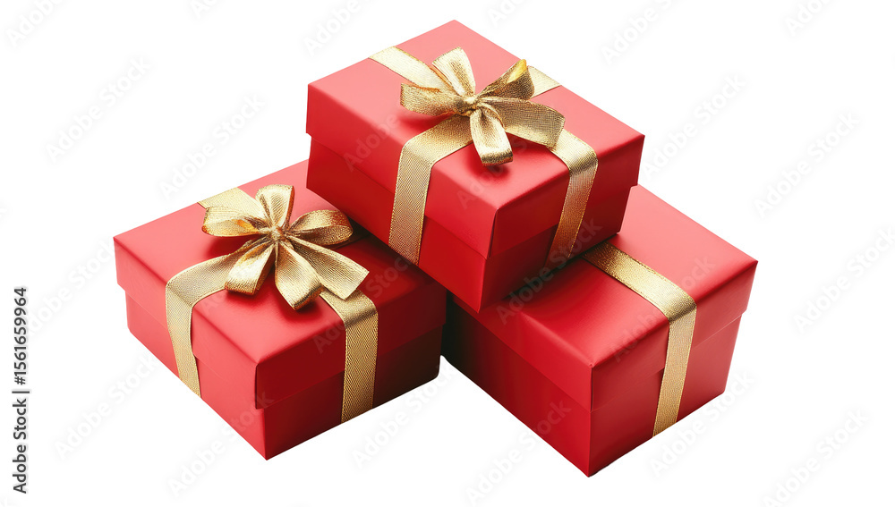 Fototapeta premium Three red gift boxes stacked, adorned with gold ribbon bows