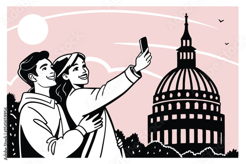 Silhouetted couple taking a selfie in front of famous landmark