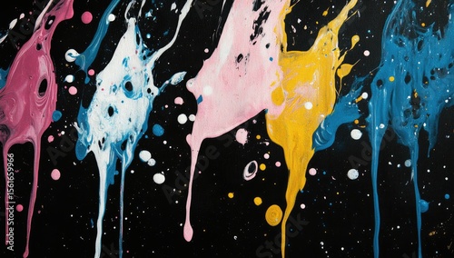 Abstract drips of paint in various colors on black background