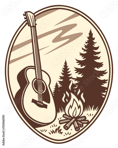 Acoustic guitar and campfire in a forest setting with stylized clouds
