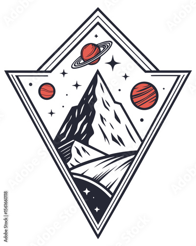 Geometric mountain landscape with planets and stars in a diamond frame